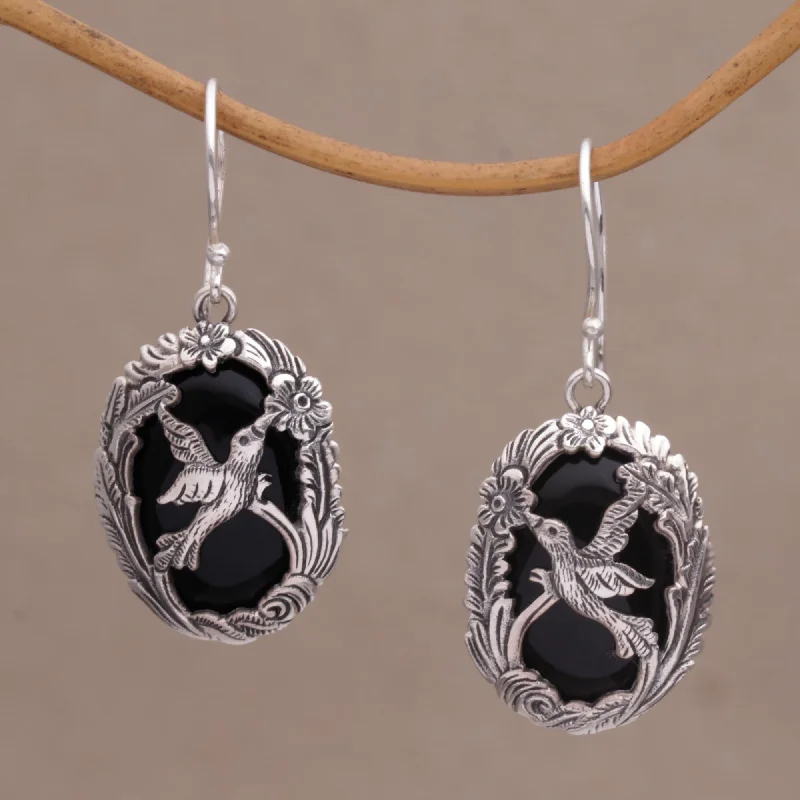 Hoop earrings with removable pendants for a versatile and customizable accessory-Nature's Freedom Onyx and 925 Silver Bird-Themed Dangle Earrings from Bali