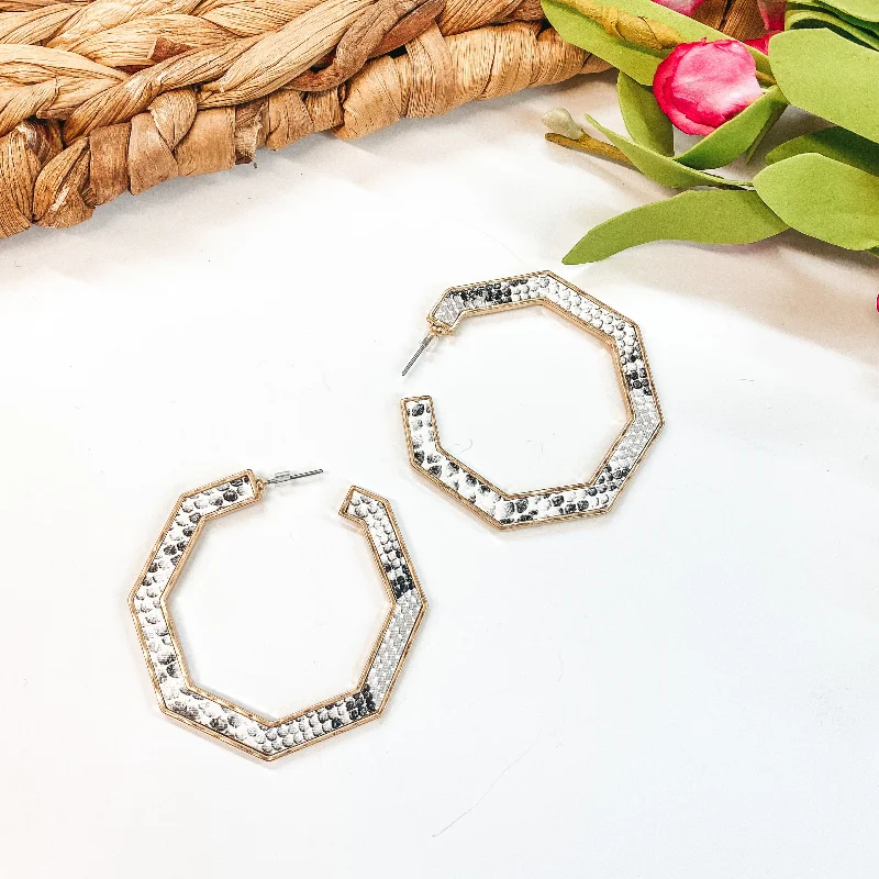 Hoop earrings with enamel stripes for a colorful and eye-catching design-Octagon Hoop Earrings in White Snake Print