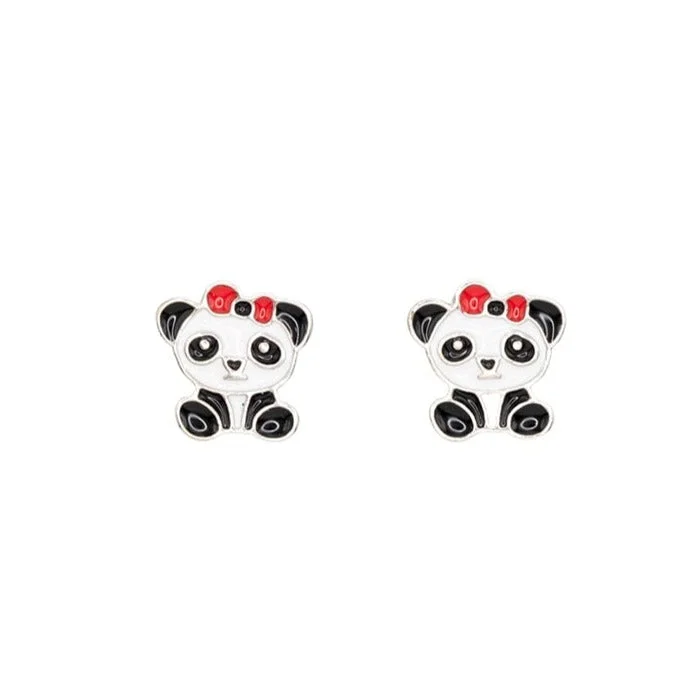 Best hoop earrings with crescent-shaped designs for a bold, moon-inspired style-Panda Enamel Post Stud Earring Animal Red Bow Children's Jewelry