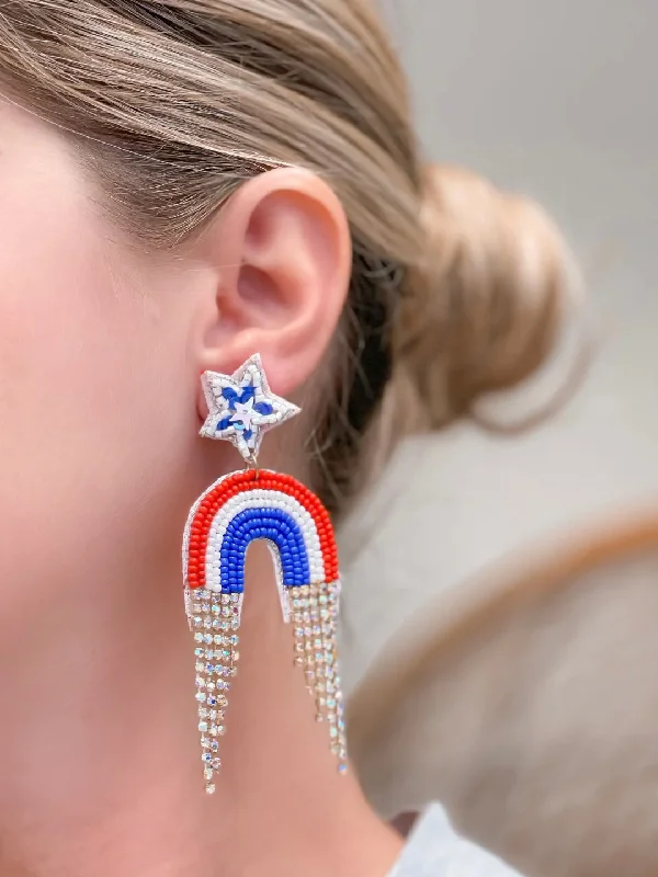 Classic hoop earrings with a thin profile for a sleek and subtle style-Patriotic Glitzy Rainbow Dangle Earrings