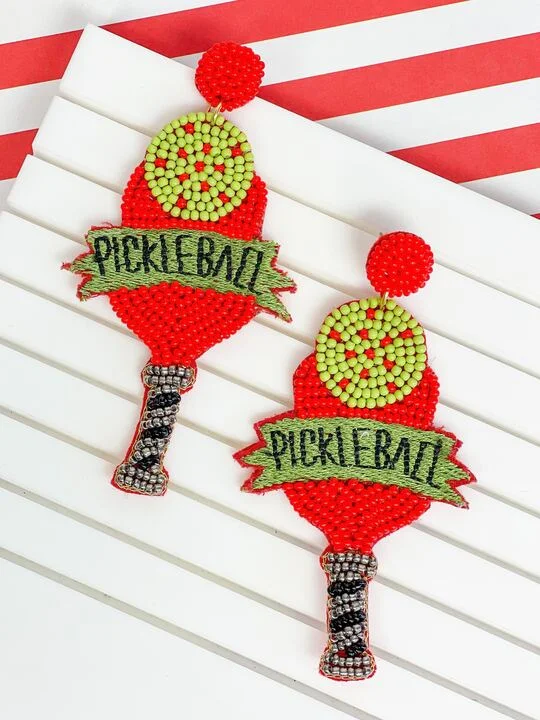 Best hoop earrings with custom engravings for a personalized and meaningful gift-'Pickleball' Paddle Beaded Dangle Earrings