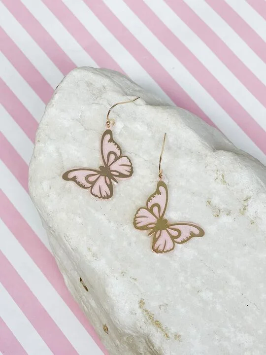 Hoop earrings with enamel stripes for a colorful and eye-catching design-Soft Pink & Gold Butterfly Dangle Earrings