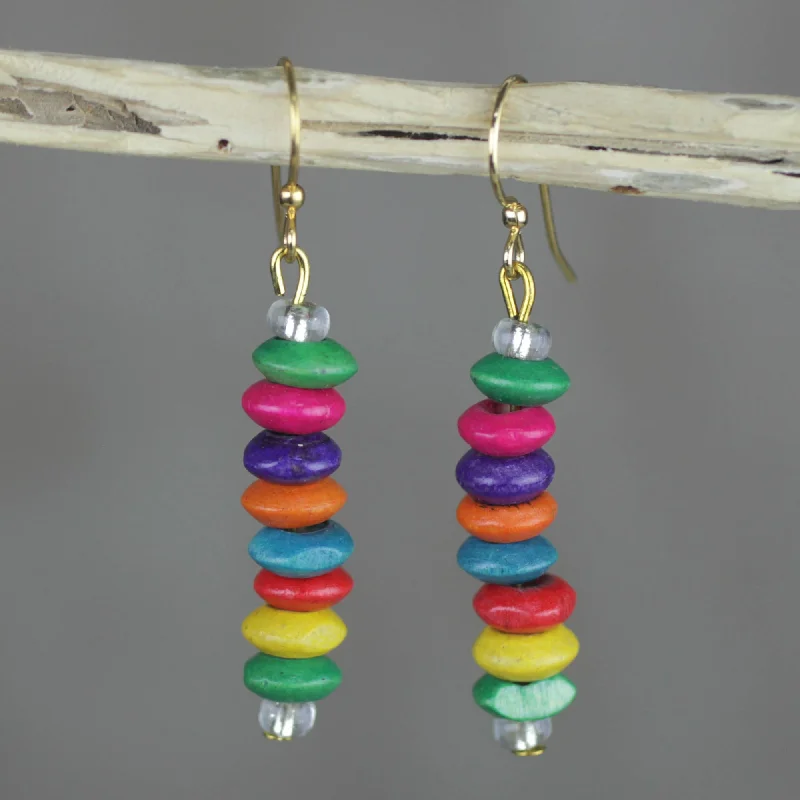 Hoop earrings with a chunky design for a bold and trendy statement-Stacked Color Multi-Color Wood Disc Beaded Dangle Earrings from Ghana