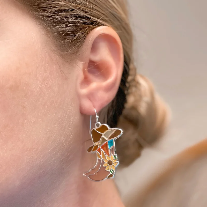 Best hoop earrings with oval shapes for a unique and elongated design-Sunflower Enamel Cowboy Dangle Earrings