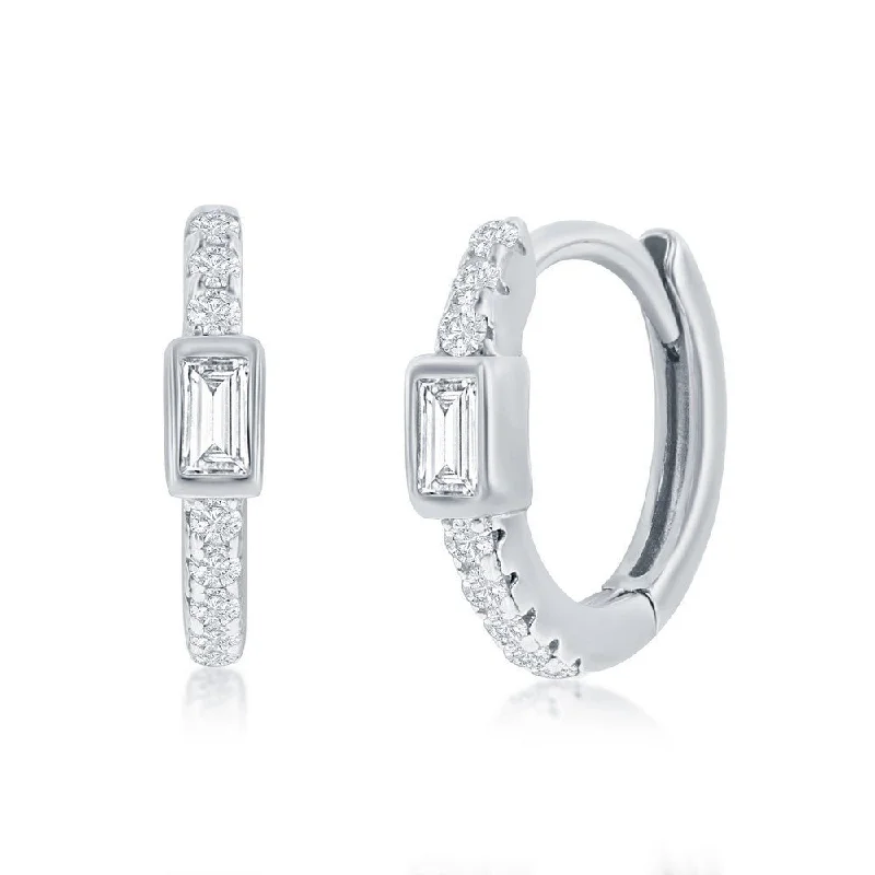 Hoop earrings with open designs for a modern, lighthearted vibe-SS 11MM Center Baguette CZ Huggie Hoop Earrings