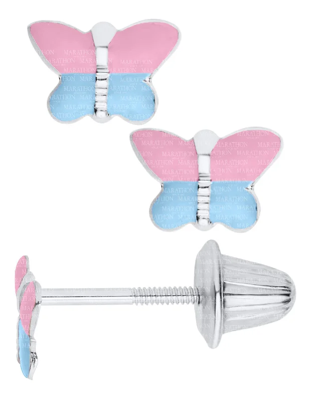 Best hoop earrings with multi-colored gemstones for a vibrant and lively touch-Sterling Silver Pink and Blue Butterfly Baby Studs