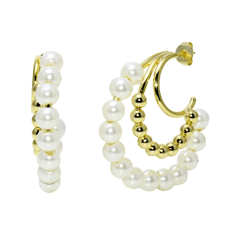 Hoop earrings with colorful beads for a fun and playful vibe-Trio Pearl Hoop