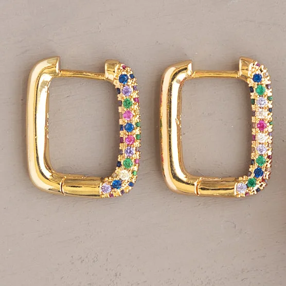 Hoop earrings with textured finishes for a vintage and classic style-Square Cubic Zirconia Rainbow Crystal Huggy Hoop Earring