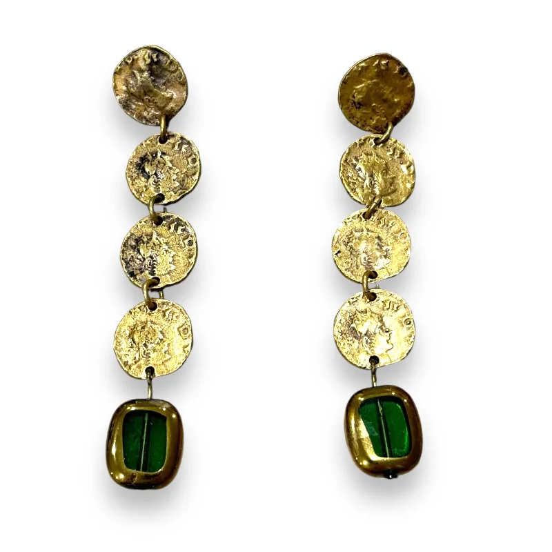 Hoop earrings with snake print designs for an edgy, wild appearance-VINTAGE GOLD COIN GREEN BEAD EARRINGS