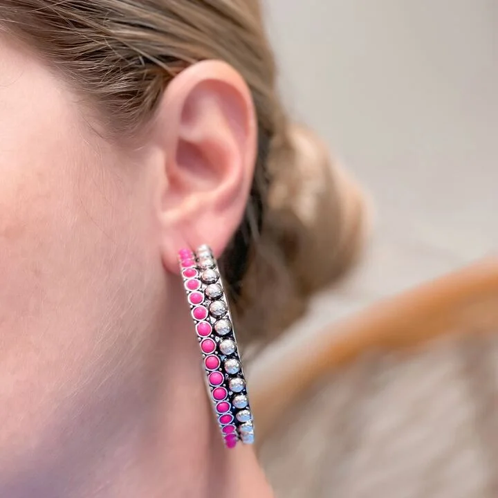 Hoop earrings with multi-tone finishes for a colorful and layered effect-Western Studded Hoop Earrings - Pink