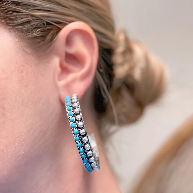 Hoop earrings with stacked layers for a bold and textured design-Western Studded Hoop Earrings - Turquoise