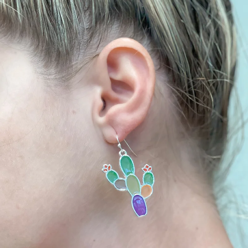 Best hoop earrings with intricate beaded details for a textured, stylish appearance-Western Stained Glass Cactus Dangle Earrings