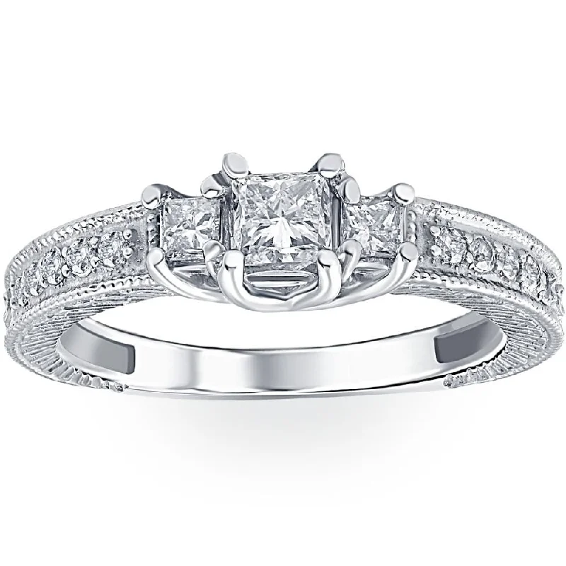 Engagement rings with split-shank topaz designs -1/2ct Vintage Three Stone Princess Cut Diamond Engagement Ring White Gold