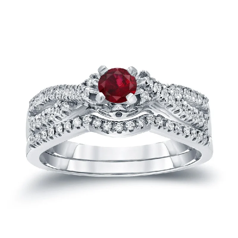 Engagement rings with antique-style ruby textures -14k Gold 1/4ct Ruby and 1/4ct TDW Braided Infinity Diamond Engagement Ring Set by Auriya