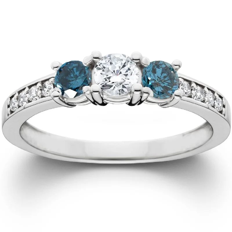 Engagement rings with minimalist moonstone center gems -1ct Blue Diamond 3 Stone Engagement Ring White Gold