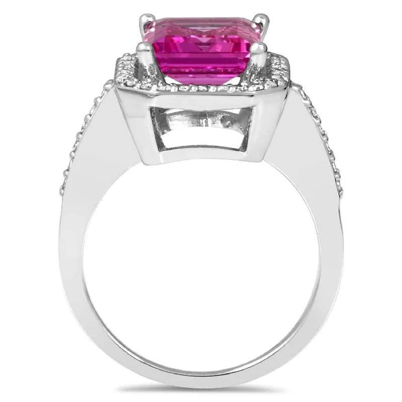 Engagement rings with classic pave garnet bands -4 1/2ct Pink Topaz & Diamond Vintage Halo Engagement Ring White Gold