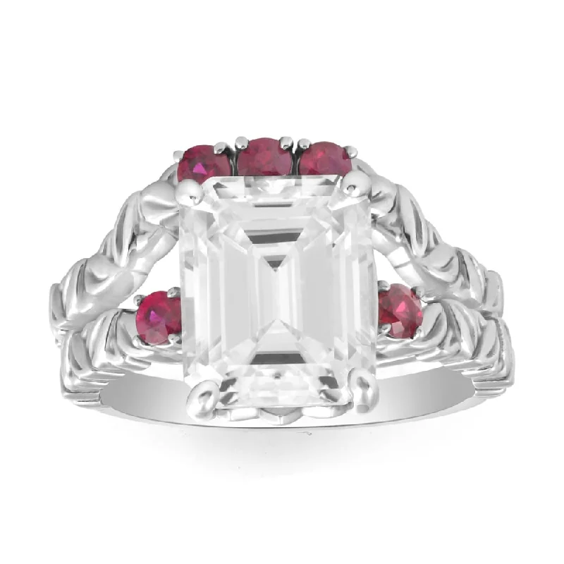 Engagement rings with cathedral-set ruby stones -5 1/2Ct Ruby & Emerald Cut Moissanite Petite Leaf Engagement Set in Gold