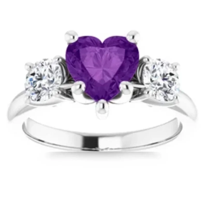 Engagement rings with hexagonal-cut sapphire gems -7mm Amethyst Three-Stone Diamond Heart Shape Ring in White or Yellow Gold