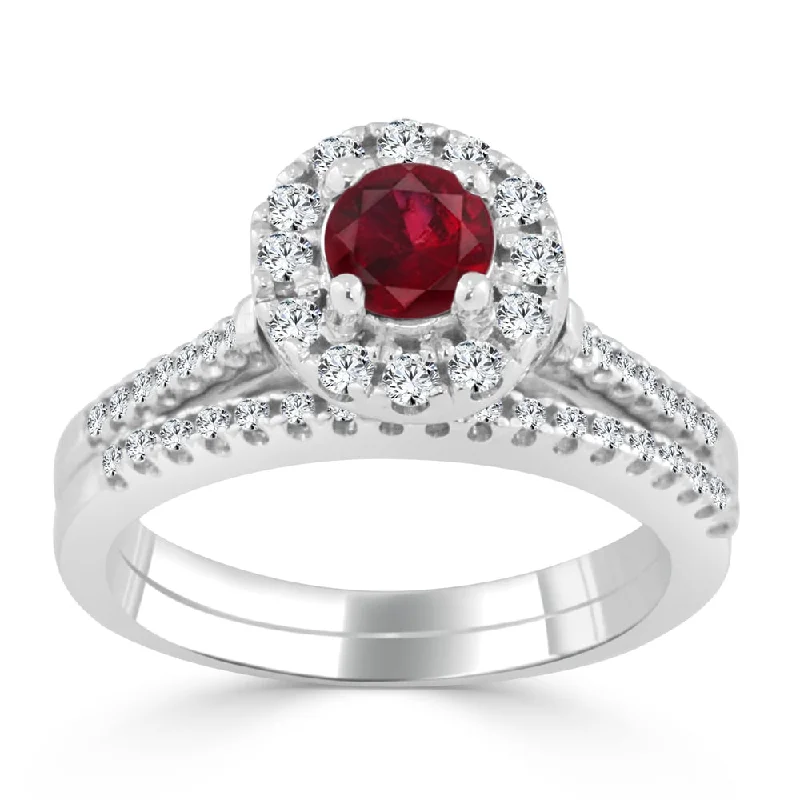 Engagement rings with hexagonal-cut sapphire gems -Auriya 2/5ct Red Ruby Gemstone Halo Diamond Engagement Ring 1/3cttw 14k Gold