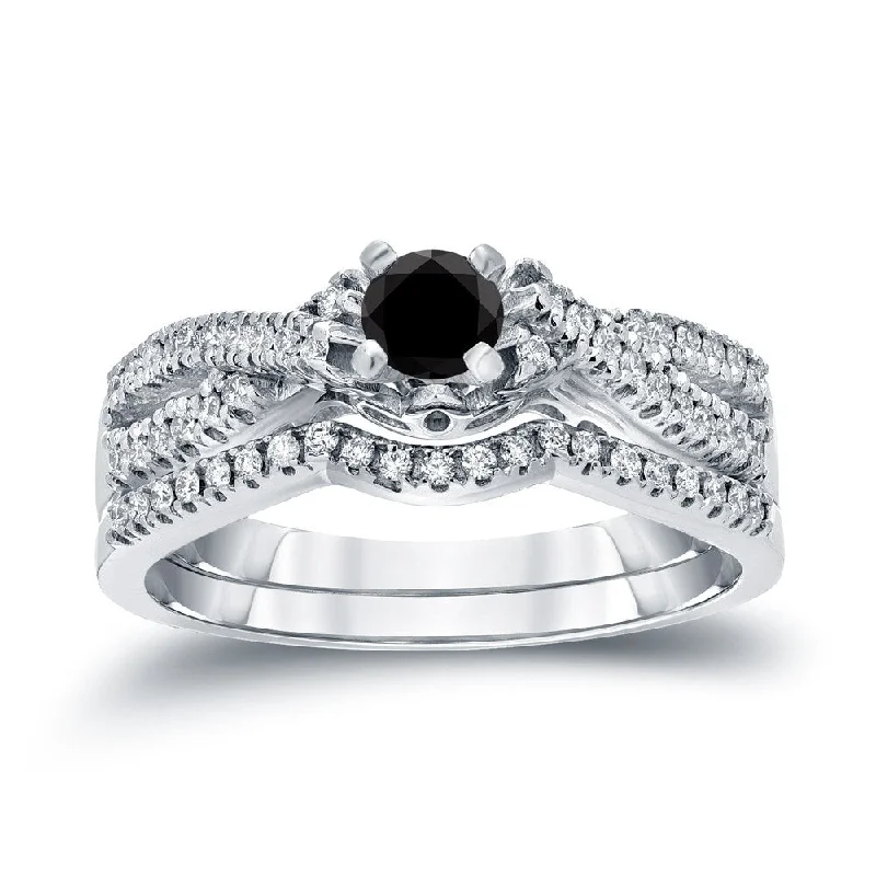 Engagement rings with two-tone sapphire bands -Auriya Braided 1/2ctw Halo Black Diamond Engagement Ring Set 14k Gold