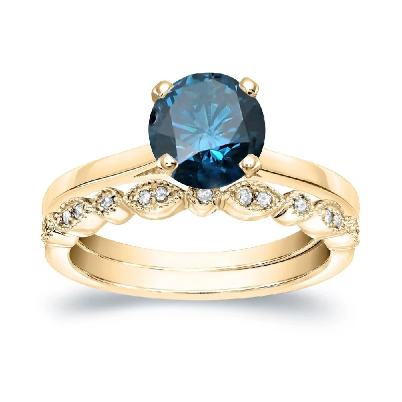 Engagement rings with bold raw opal stones -Auriya Vintage Stackable 1 1/6ctw Solitaire Blue Diamond Engagement Ring Set 14K Gold