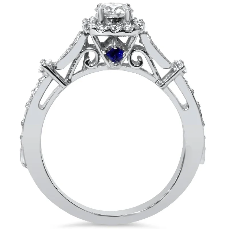 Engagement rings with floral halo of topaz -Verona 1ct Cushion Halo Diamond & Blue Sapphire Engagement Ring White Gold