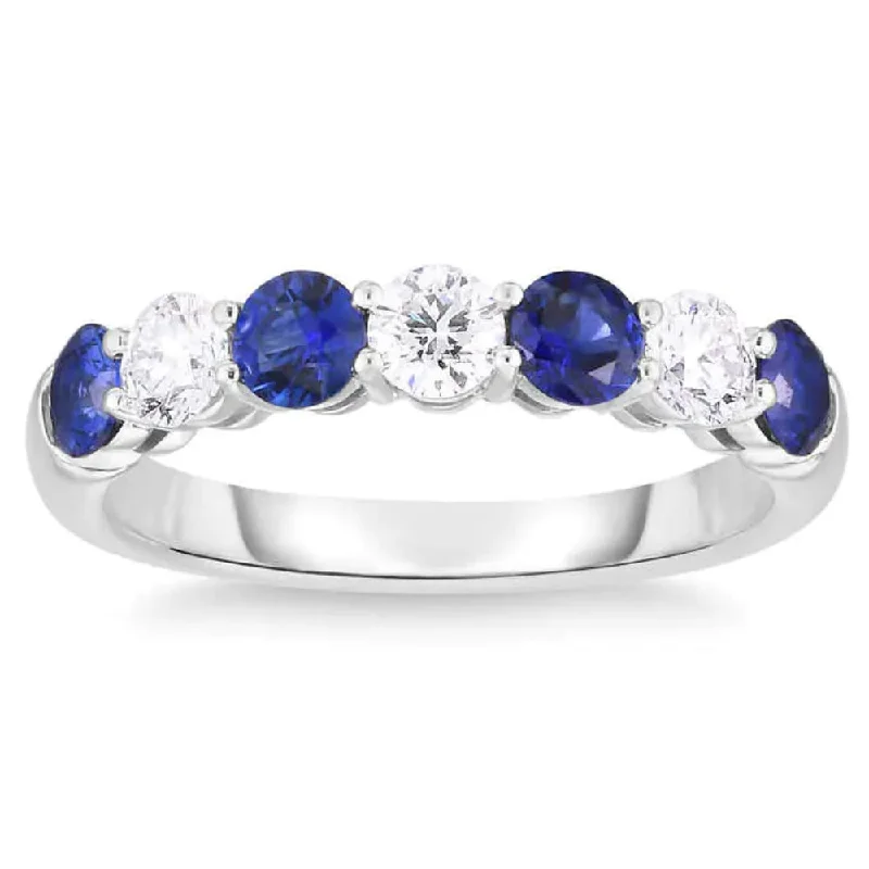 Rings with wave patterns for ocean vibes -1 1/2Ct TW Round Diamond & Created Blue Sapphire Stackable Ring in 14k Gold