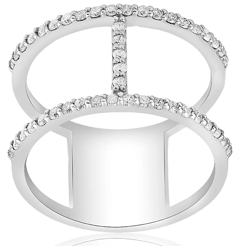 Rings with claw-set moonstone for mystique -1/2ct Designer Diamond Right Hand Wide H Shape Fashion Ring 10K White Gold Size Selectable