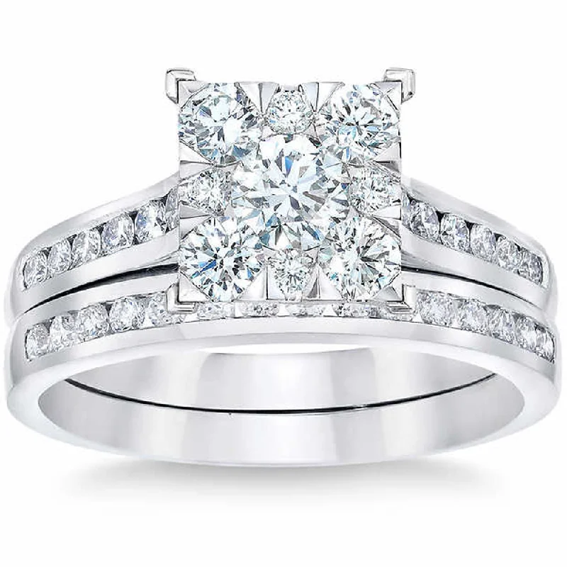 Rings with shield-shaped stones for boldness -1 3/4 Ct Diamond Princess Cut Framed Engagement Wedding Ring Set 10k White Gold