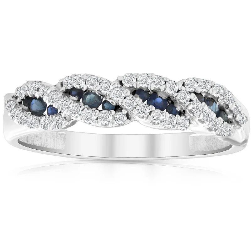 Rings with rose quartz for soft romance -1/3 Ct Blue Sapphire & Diamond Ladies Swirl Wedding Ring 10k White Gold