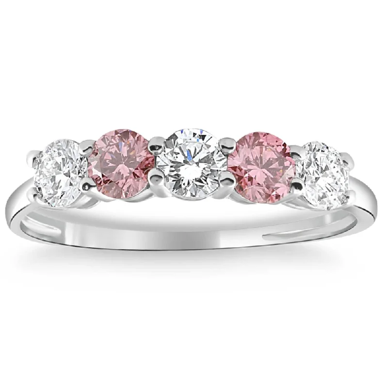 Rings with polished tourmaline for vibrant shine -1 Ct Pink Diamond Five Stone Anniversary Wedding Ring 14k White Gold Lab Grown