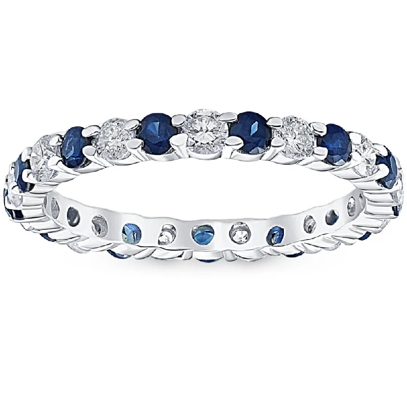 Stackable rings with mixed metal finishes -1 cttw Blue Sapphire Diamond Wedding Eternity Ring 10k White Gold