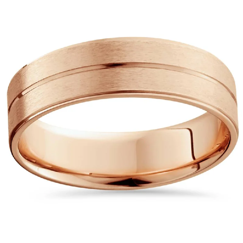 Rings with wide bands for statement wear -14K Rose Gold Mens Brushed Flat Wedding Band 6mm Size Selectable