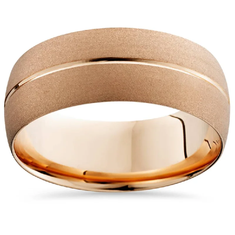 Rings with wide bands for statement wear -14K Rose Gold Mens Brushed Single Groove Wedding Band 8mm Size Selectable