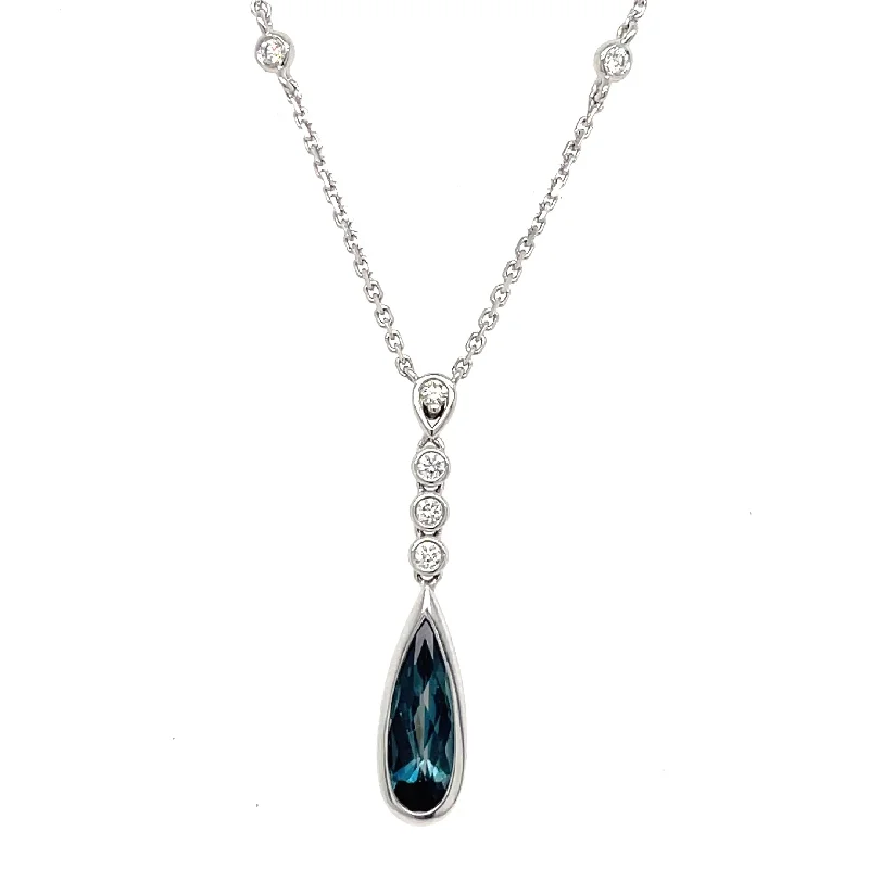 Layered necklaces and pendants for a trendy and fashionable stacked look-14K White Gold Bezel Set Pear-Shaped London Blue Topaz Drop Necklace with Diamond Accents