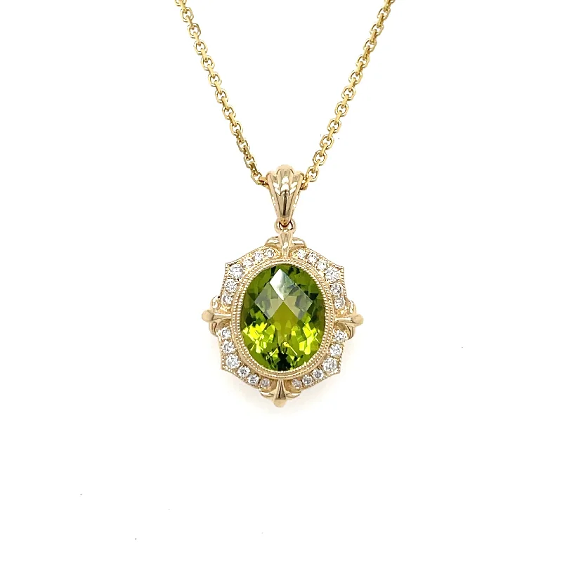 Personalized necklaces and pendants with initials for a customized and meaningful gift-14K Yellow Gold Oval Peridot Pendant with Diamond Halo