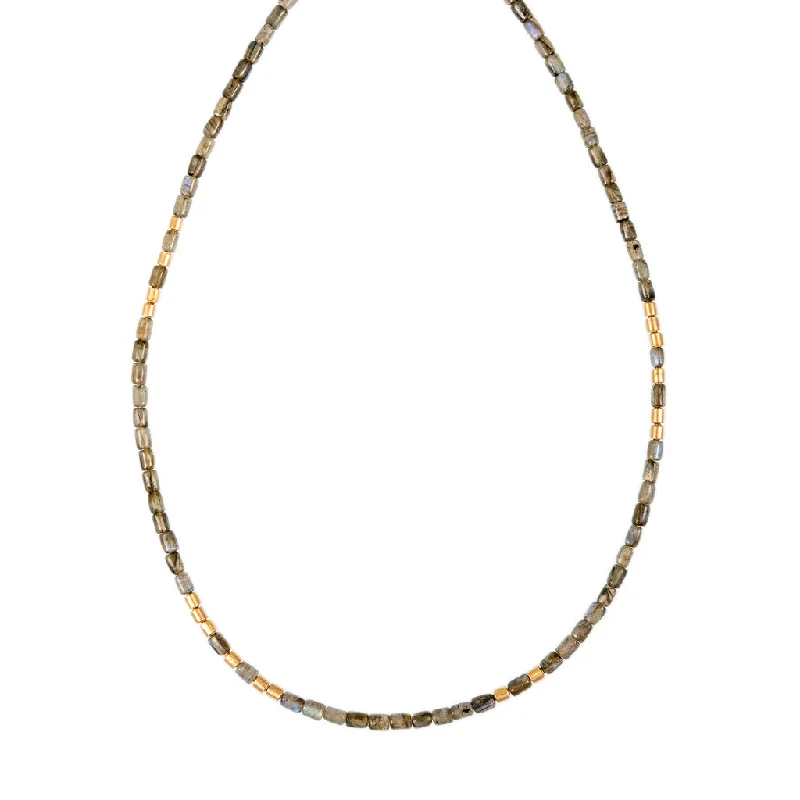 Layered necklaces and pendants for a trendy and fashionable stacked look-18 GOLD BEADS + LABRADORITE TUBE BEADED NECKLACE