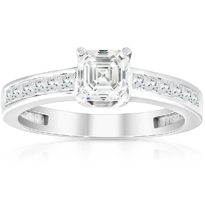 Rings with birthstone clusters for personalization -1Ct Asscher Cut Moissanite & Princess Cut Diamond Engagement Ring 14k White Gold