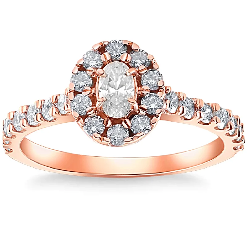 Rings with floral halo diamond arrangements -1Ct TW Diamond & Oval Moissanite Halo Engagement Ring 10k Rose Gold