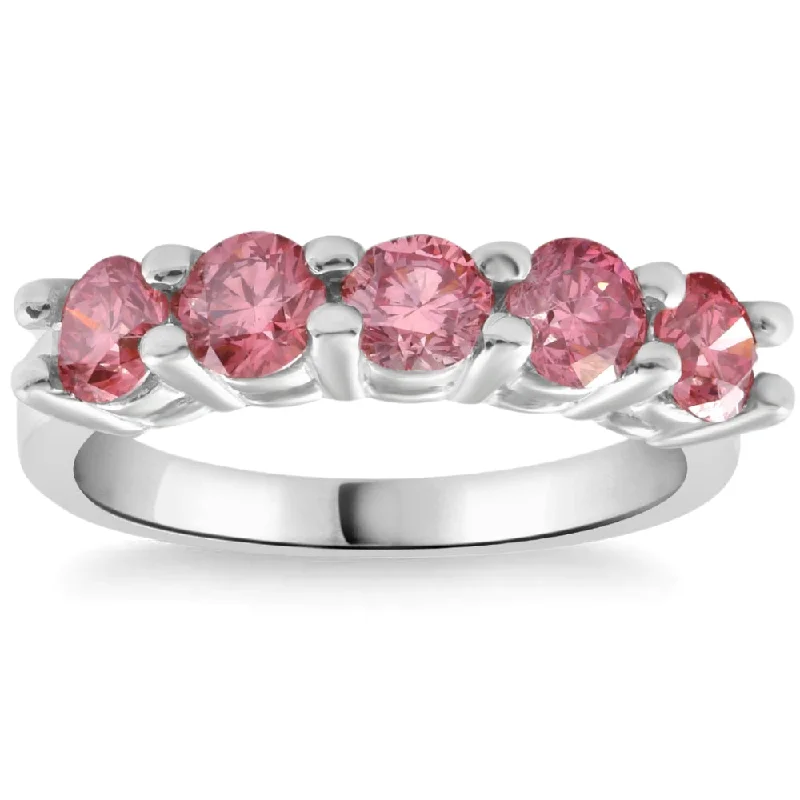 Titanium rings with rugged brushed metal look -1Ct TW Five Stone Pink Diamond Wedding Ring Lab Grown Band 14k White Gold