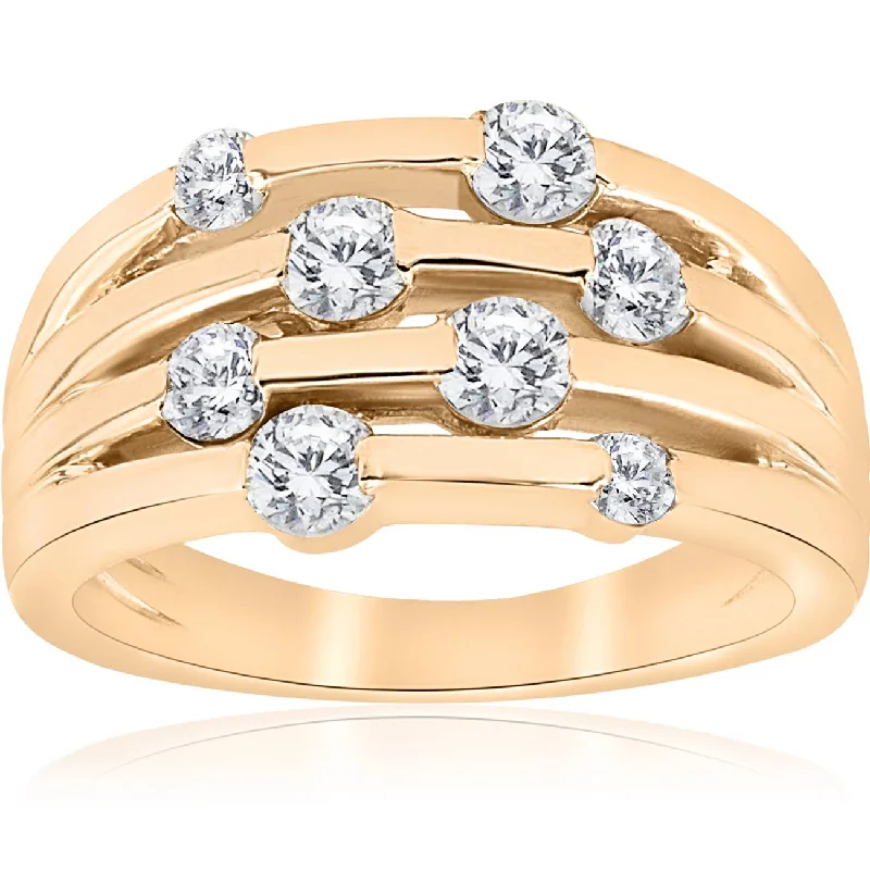 Rings with adjustable bands for perfect fit -1ct Yellow Gold Real Diamond 14K Right Hand Womens Fashion Multi Row Ring Size Selectable