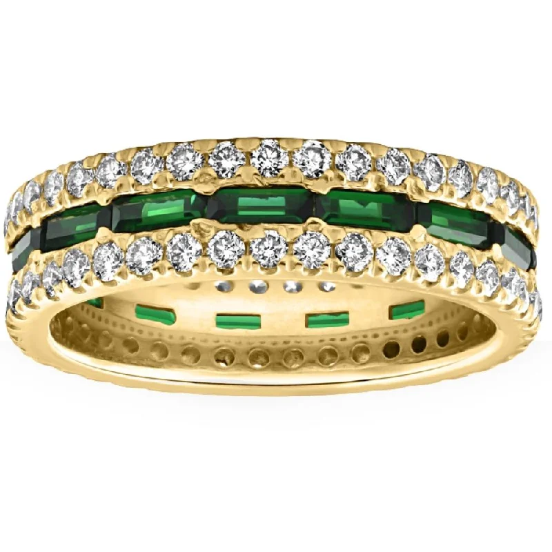 Rings with bold ruby stones for drama -2 1/2 Ct Diamond & Emerald Eternity Ring in Yellow Gold Lab Grown