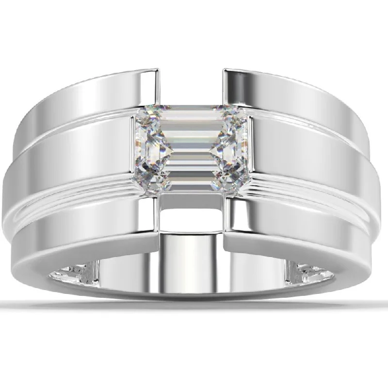 Rings with adjustable bands for perfect fit -2 Ct Emerald Cut Moissanite Solitaire 12mm Men's Ring White Yellow or Rose Gold