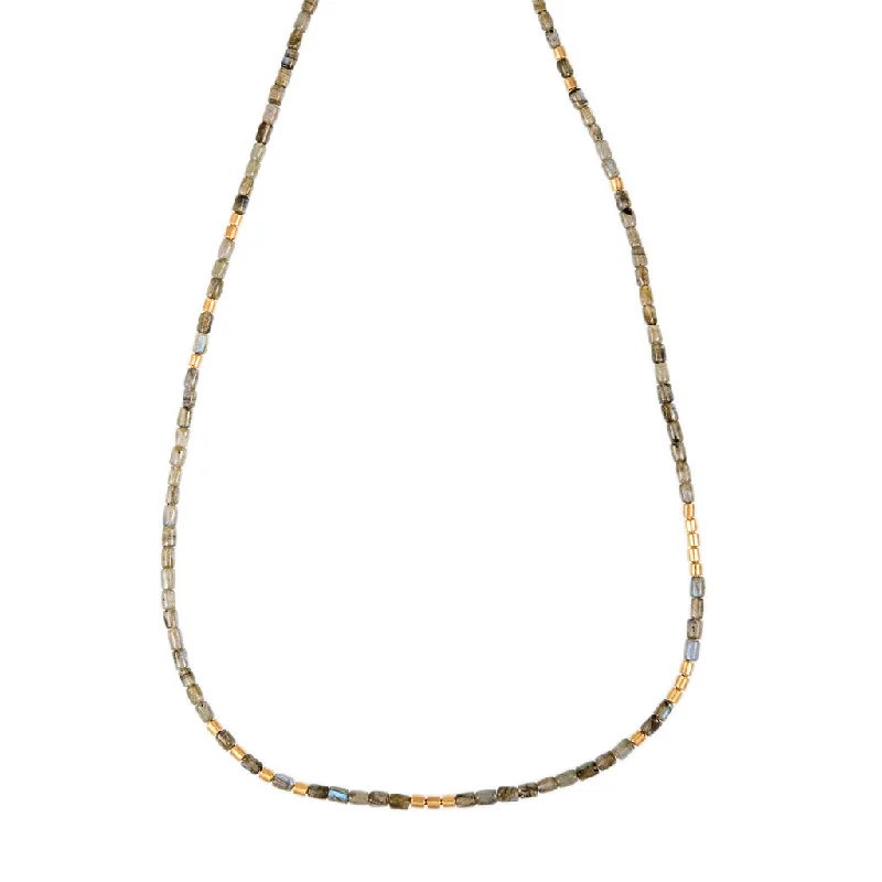 Elegant necklaces and pendants with diamond accents for added sparkle-24 GOLD BEADS + LABRADORITE TUBE BEADED NECKLACE