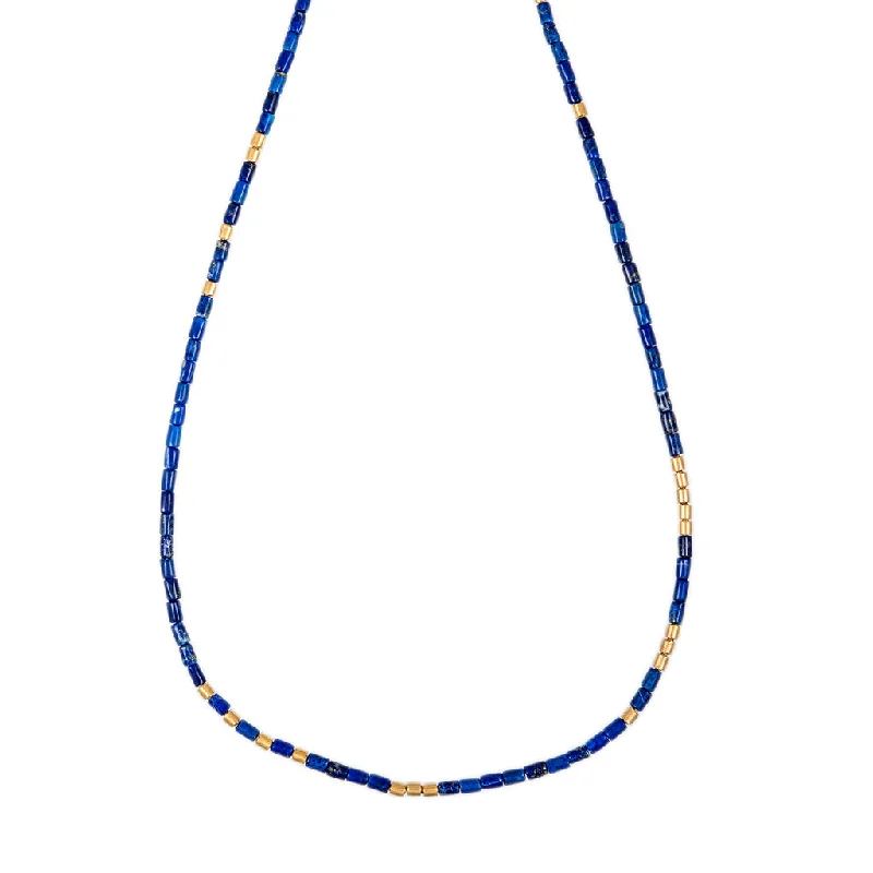 Beautiful necklaces and pendants with moonstone for an ethereal, mystical appearance-24 GOLD BEADS + LAPIS TUBE BEADED NECKLACE