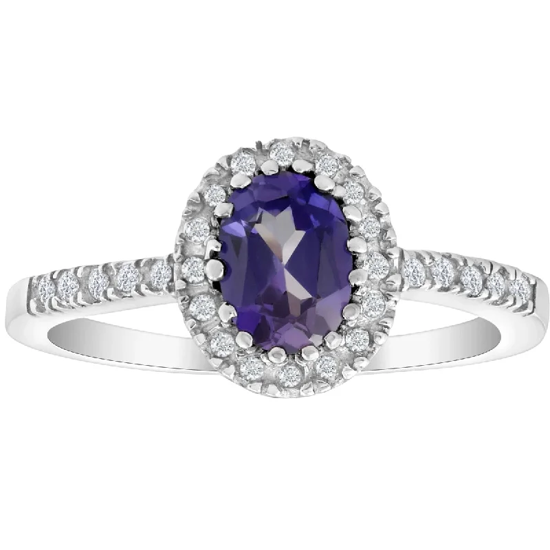 Rings with coral stones for vibrant pop -3/4 Ct Diamond Oval Halo Amethyst Ring 14k White Gold