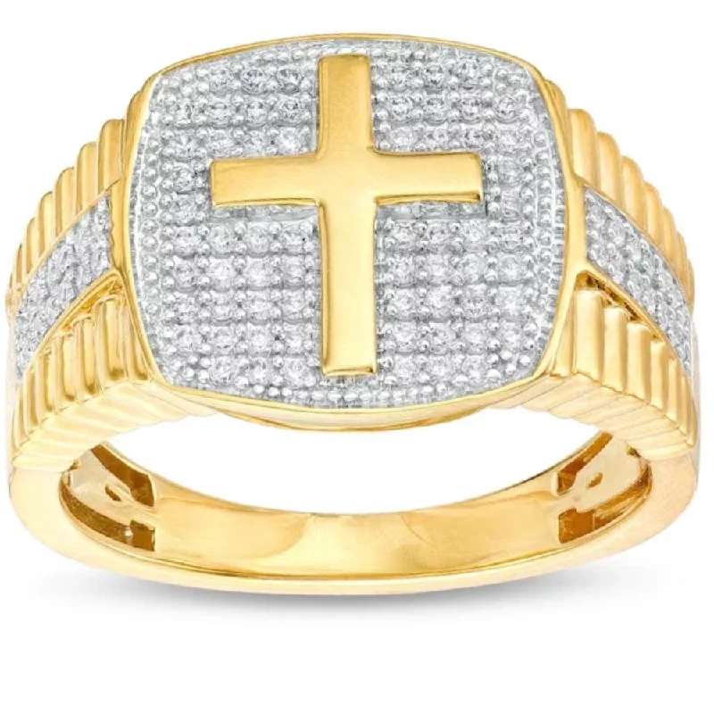 Minimalist rings with tiny diamond dot accents -3/4Ct Men's Diamond Cross Ring 10k Yellow Gold