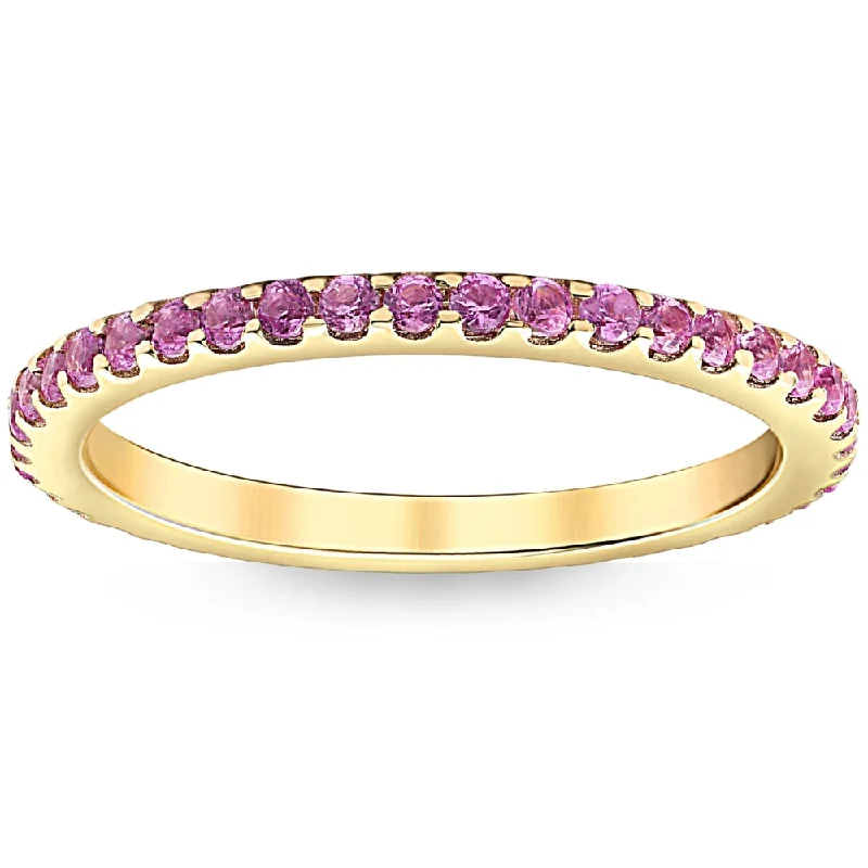 Rings with rough moonstone for natural beauty -3/4Ct Pink Sapphire Stackable Ring Wedding Band 10k Yellow Gold