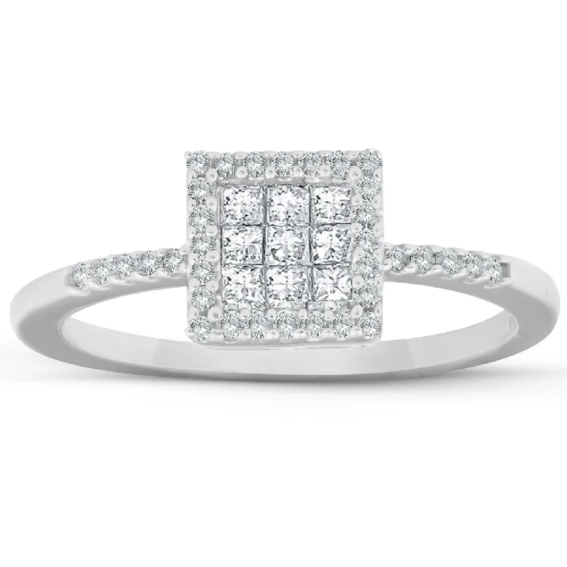 Rings with hexagon-cut stones for trendiness -3/8 Ct Princess Cut Diamond Halo Engagement Ring 10k White Gold