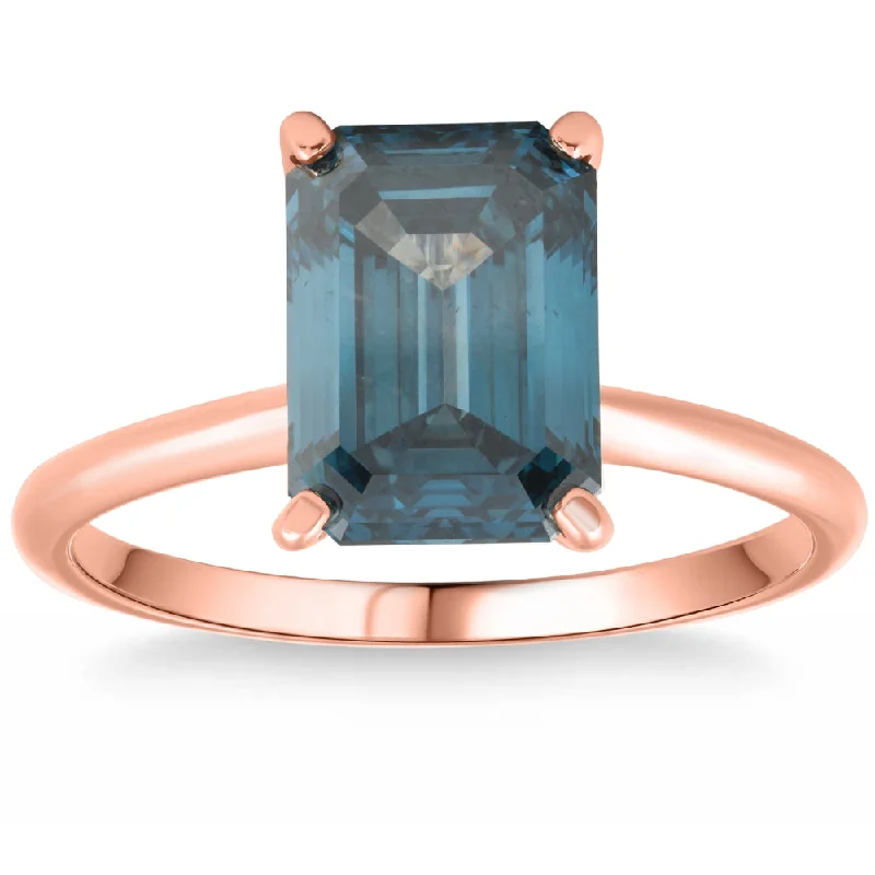 Rings with citrine stones for sunny vibes -3Ct Blue Diamond Emerald Cut Solitaire Engagement 14k Ring Rose Gold Lab Grown